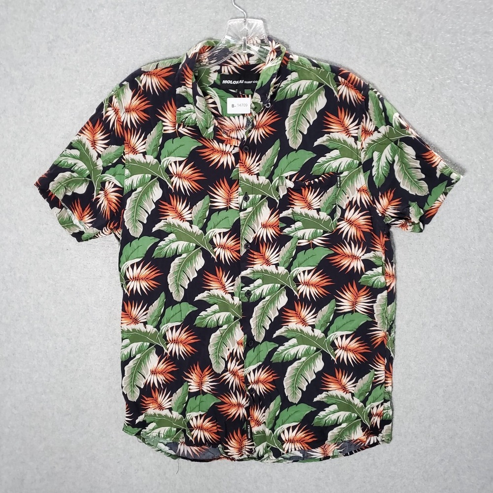 Molokai Men Large Green‎ Hawaiian Banana Leaf Fern Button Up Shirt SS Surf Co